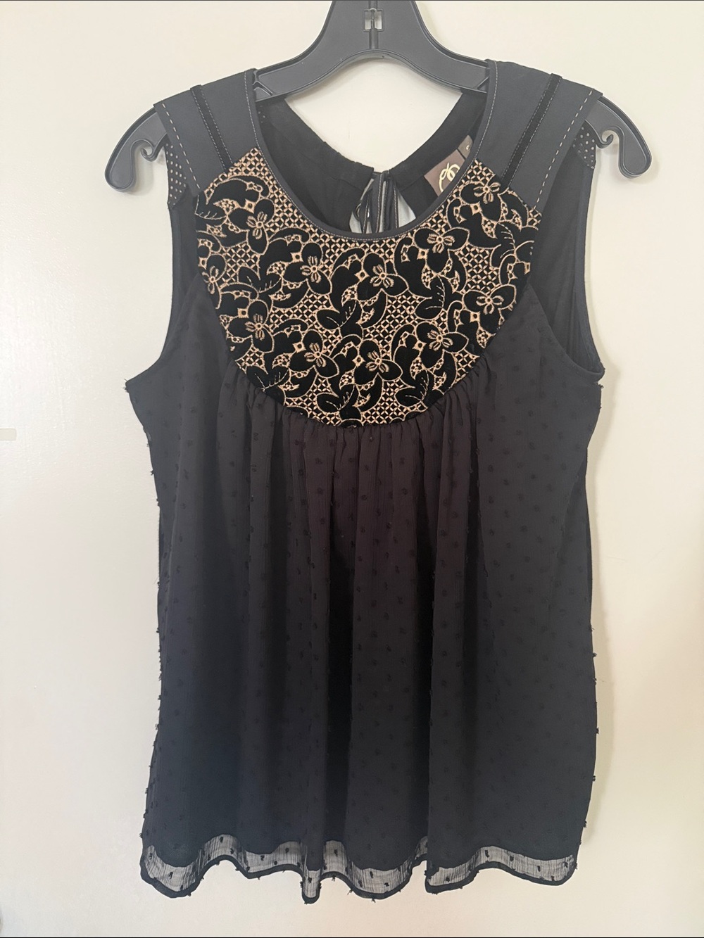 Anthropologie “One September “ Black Sleeveless Embroidered Yoke Top - Women